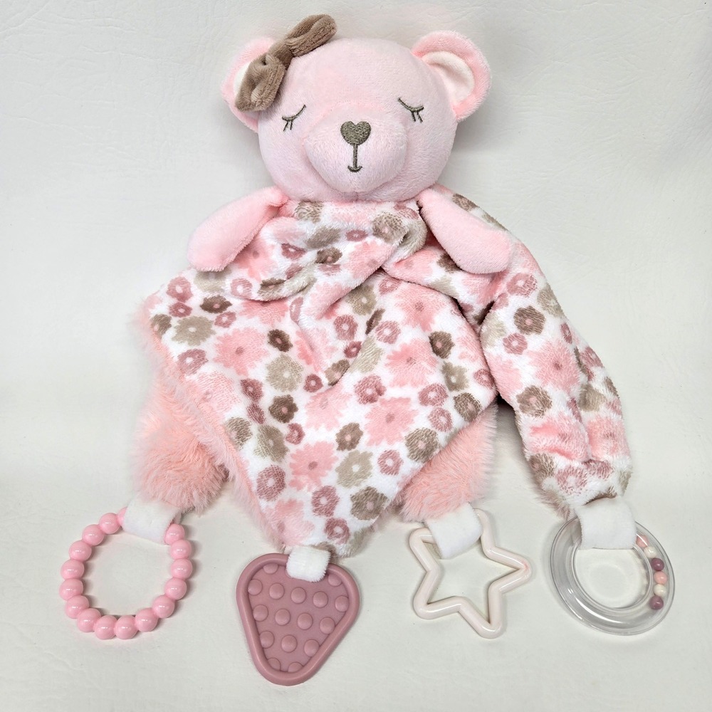DreamGro Pink Bear Floral Security Blanket Lovey Teether Rattle Toys DF153-PK